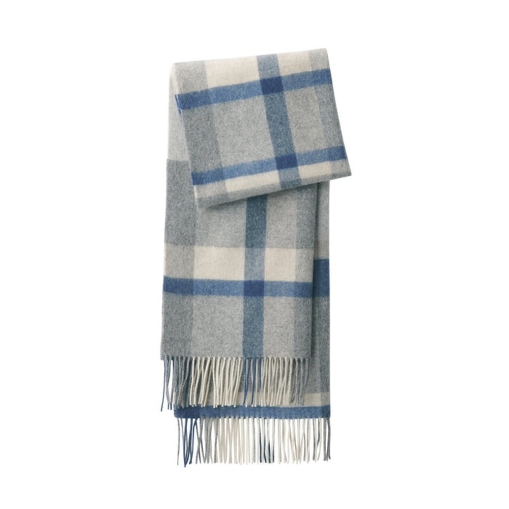 MUJI Wool Winter Blanket Patterned Stole Scarf Blue and Grey Plaid